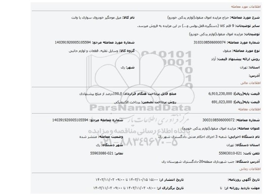 مزایده، مزایده اموال منقول(لوازم یدکی خودرو)