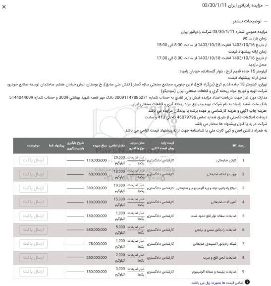 مزایده کارتن ضایعاتی و ...