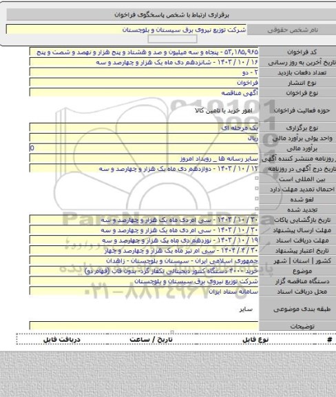 مناقصه, خرید ۴۰۰۰ دستگاه کنتور دیجیتالی تکفاز گرد- بدون قاب (فهام دو)