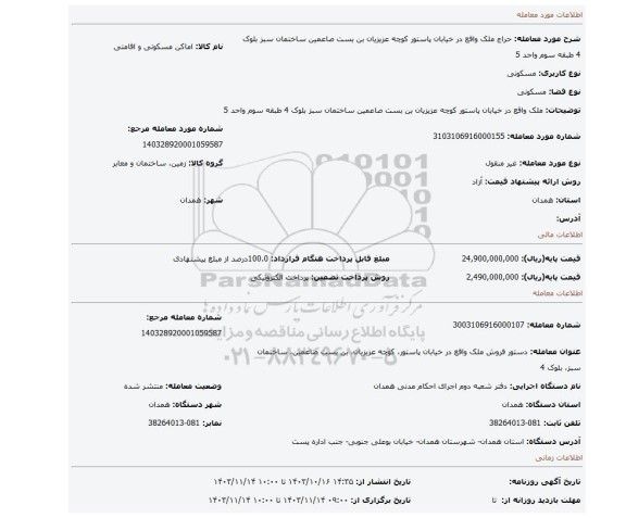 مزایده، ملک واقع در خیابان پاستور کوچه عزیزیان بن بست صاعمین ساختمان سبز بلوک 4 طبقه سوم واحد 5