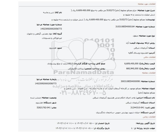 مزایده،     مصالح مخلوط (خام) 5103/73 متر مکعب به مبلغ 6،609،400،000 ریال ( شش میلیارد و ششصد و نه میلیون و