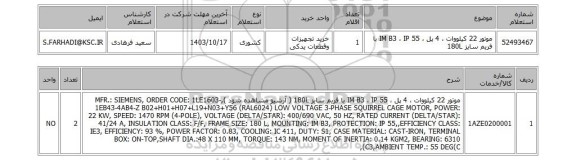 استعلام موتور 22 کیلووات ، 4 پل ، IM B3 ، IP 55 با فریم سایز 180L