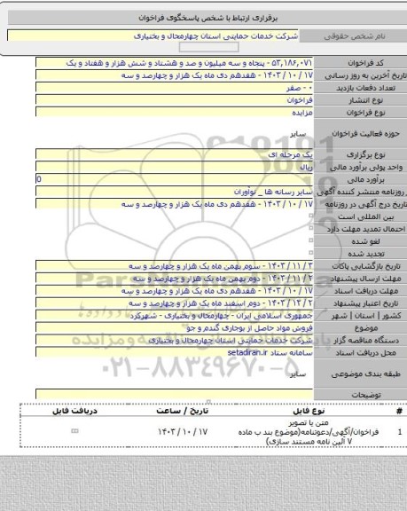 مزایده, فروش مواد حاصل از بوجاری گندم و جو