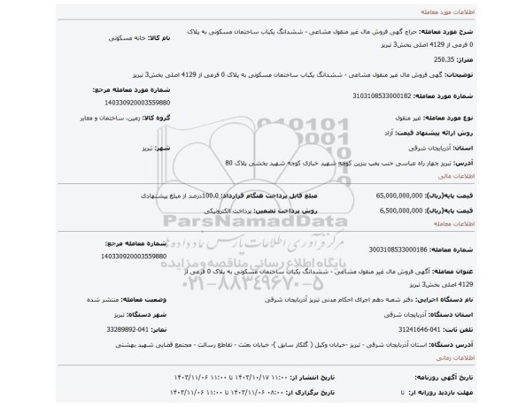 مزایده، گهی فروش مال غیر منقول مشاعی - ششدانگ یکباب ساختمان مسکونی به پلاک 0 فرعی از 4129 اصلی بخش3 تبریز