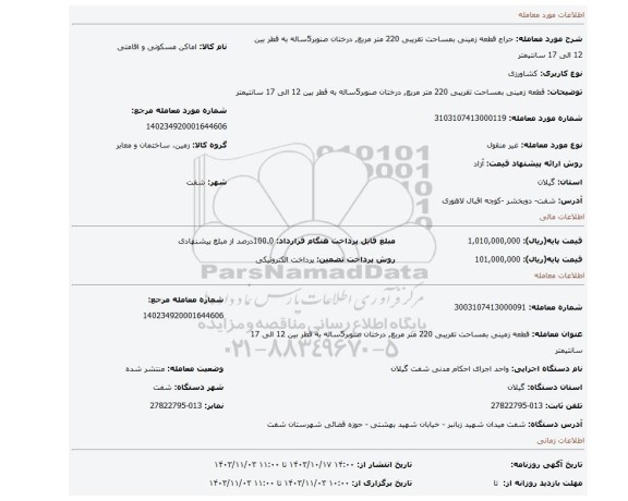 مزایده، قطعه زمینی بمساحت تقریبی 220 متر مربع, درختان صنوبر5ساله به قطر بین 12 الی 17 سانتیمتر