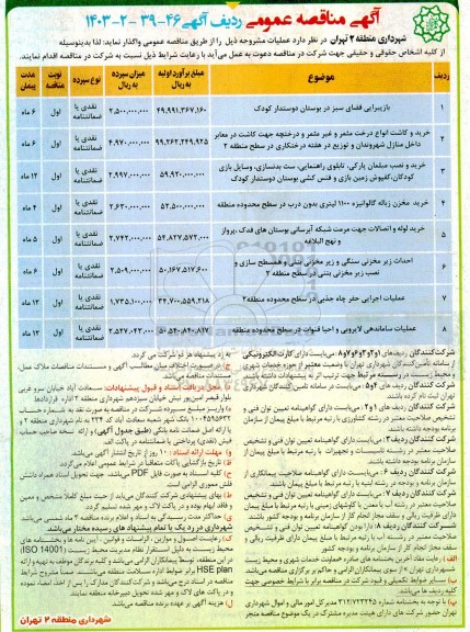 مناقصه بازپیرایی فضای سبز....