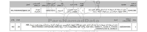 استعلام خازن استوانه ای مربوط به راه اندازفن داخل تابلو درایو 250 کیلووات فرکانسی دیسکهای گندله سازی