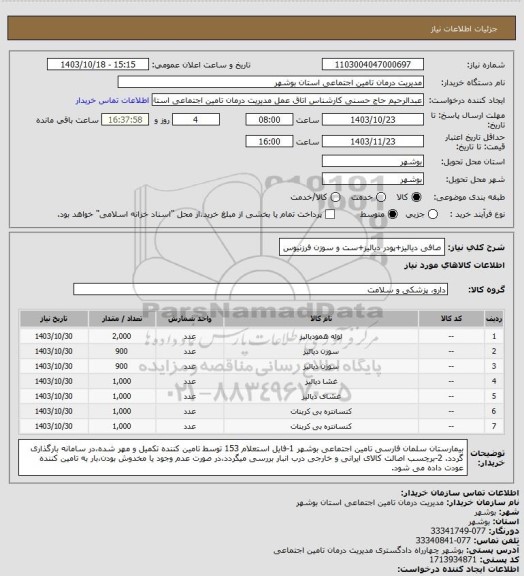 استعلام صافی دیالیز+پودر دیالیز+ست و سوزن فرزنیوس