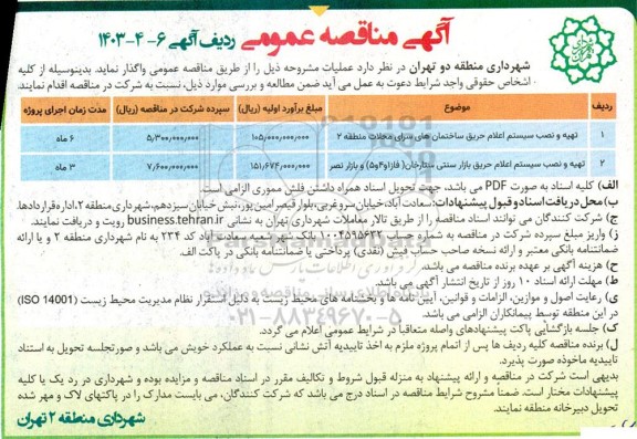 مناقصه تهیه و نصب سیستم اعلام حریق ساختمانهای ...