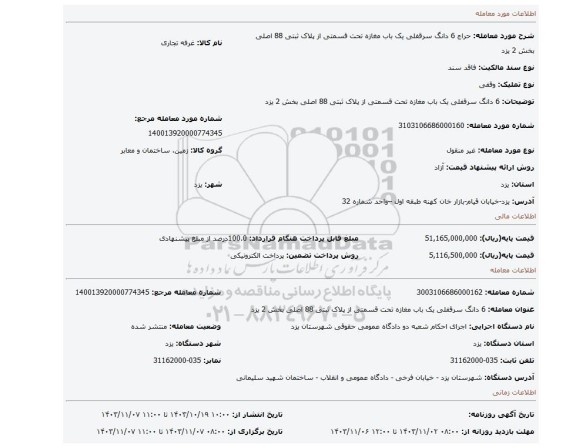 مزایده، 6 دانگ سرقفلی یک باب مغازه تحت قسمتی از پلاک ثبتی 88 اصلی بخش 2 یزد