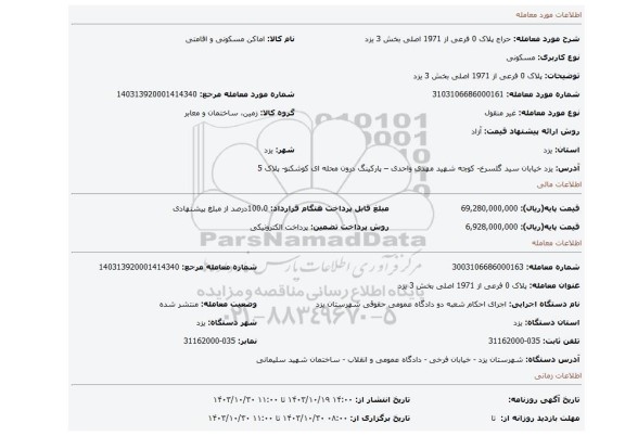 مزایده،  پلاک 0 فرعی از 1971 اصلی بخش 3 یزد