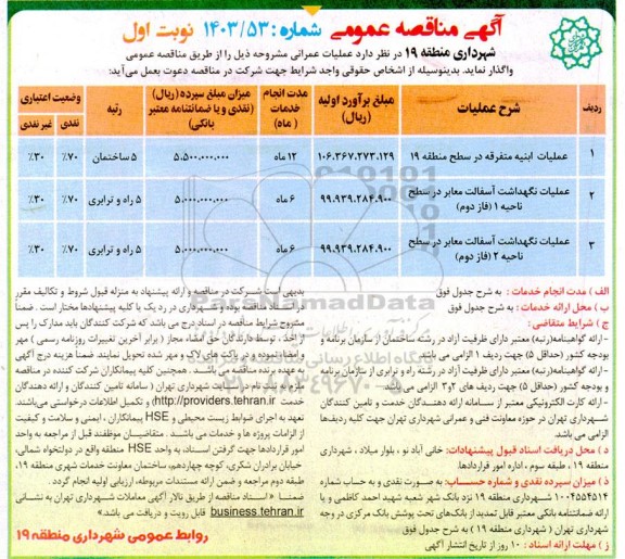 مناقصه عملیات ابنیه متفرقه در سطح منطقه 19 و ... 