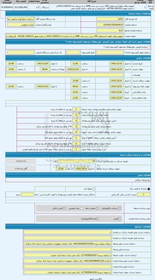 مزایده ، موتورسیکلت هوندا مستعمل 400 سی سی مدل 1998 و به شماره تنه NC311305312 و شماره موتور NC23E-1605310 - کاربراتوری و غیر قا