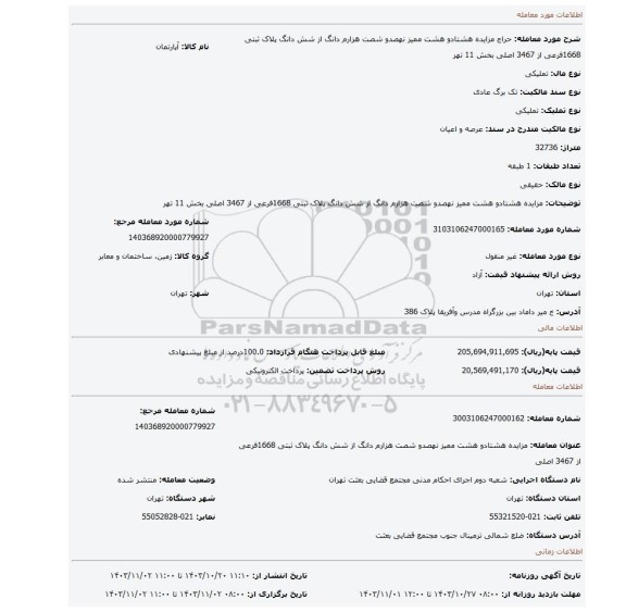 مزایده، مزایده  هشتادو هشت ممیز نهصدو  شصت هزارم  دانگ از شش دانگ پلاک ثبتی 1668فرعی از 3467 اصلی بخش 11 تهر