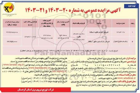 مزایده فروش لوازم نقلیه اسقاط ...- نوبت دوم 