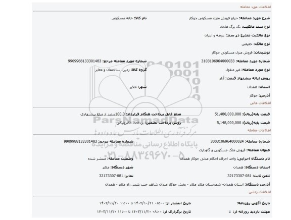 مزایده، فروش منزل مسکونی جوکار