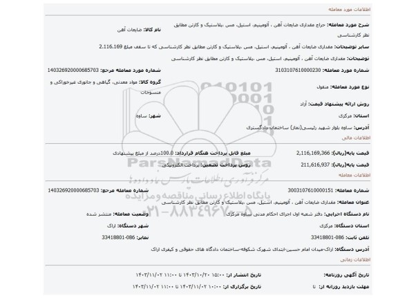 مزایده، مقداری ضایعات آهن ، آلومینیم، استیل، مس ،پلاستیک و کارتن مطابق نظر کارشناسی