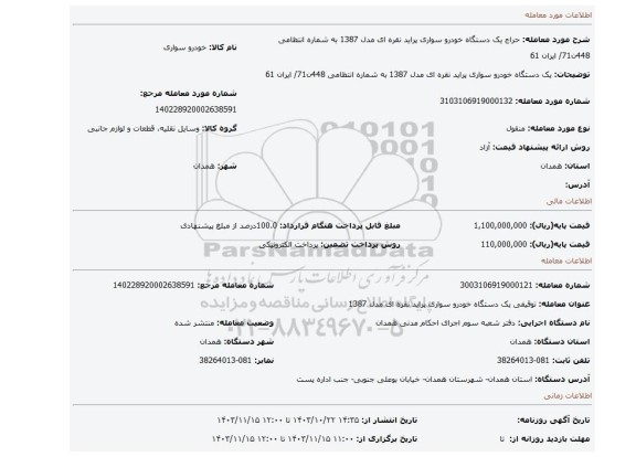 مزایده، یک دستگاه خودرو سواری پراید نقره ای مدل 1387 به شماره انتظامی 448ن71/ ایران 61