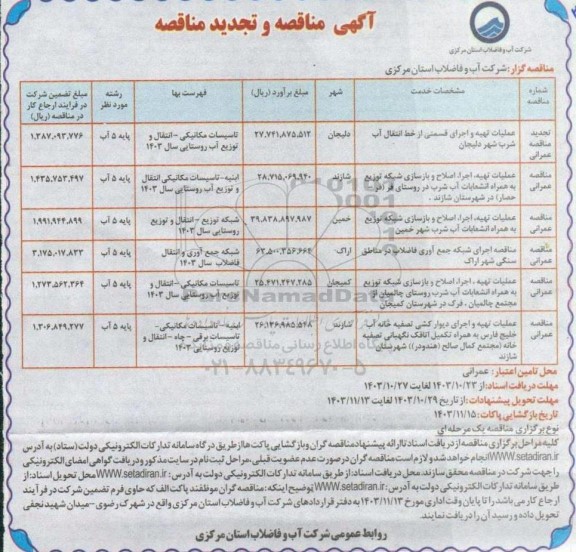 مناقصه عملیات تهیه و اجرای قسمتی از خط انتقال آب شرب ...