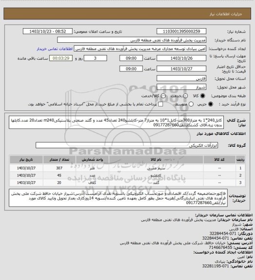 استعلام کابل240*1 به متراژ300متر-کابل1*10 به متراژ7 متر-کابلشو240 تعداد45 عدد و گلند صنعتی پلاستیکیm240 تعداد20 عدد.کابلها بدون زره،آقای کشتکارتلفن09177287660