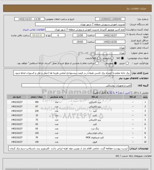 استعلام برق خانه معلم-به همراه برق کشی طبقات .در قیمت پیشنهادی تمامی  هزینه ها (حمل و نقل و کسورات لحاظ شود.