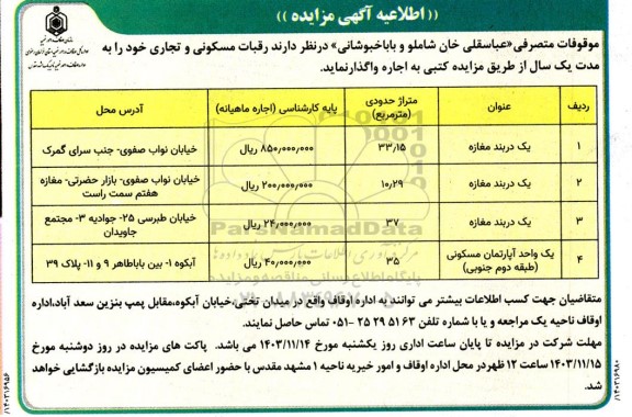 اطلاعیه مزایده رقبات مسکونی و تجاری