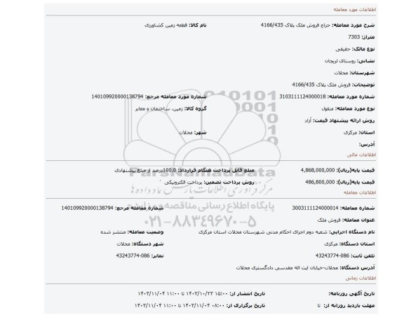 مزایده، فروش ملک پلاک 4166/435