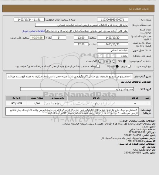 استعلام 1-مدنظر پتو مینک طرح دار بدون نوار حذاقل 2کیلوگرم می باشد
هزینه حمل تا درب زندان مرکزی به عهذه فروشنده میباشذ