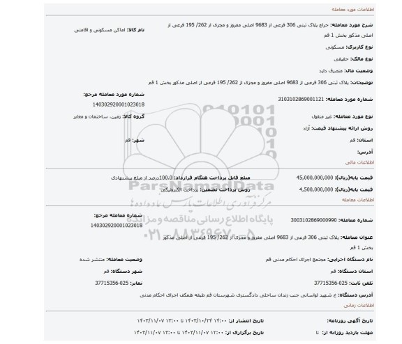 مزایده، پلاک ثبتی 306 فرعی از 9683 اصلی مفروز و مجزی از 262/ 195 فرعی از اصلی مذکور بخش 1 قم