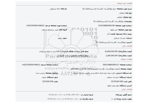 مزایده، بلوارگلستان ،گلستان 3یاسپیدار4پلاک 22