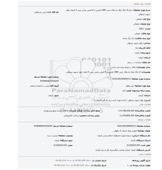 مزایده، 6 دانگ ملک به پلاک ثبتی 1994 فرعی از 9 اصلی بخش ثبتی 4 کرمان بلوار شهید صدوقی