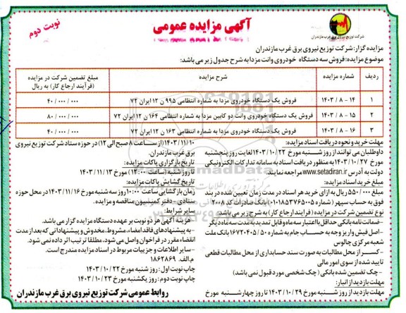 مزایده عمومی فروش سه دستگاه خودروی وانت مزدا  نوبت دوم 