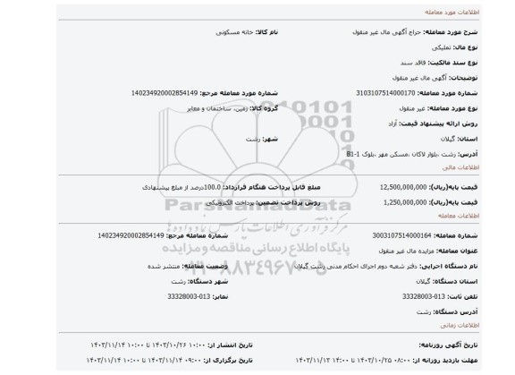 مزایده، آگهی  مال غیر منقول