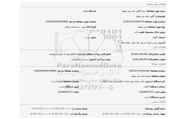 مزایده، آگهی  مال غیر منقول