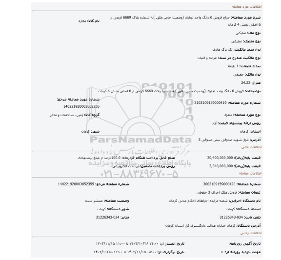 مزایده، فروش 6 دانگ واحد تجاری (وضعیت خاص طلق )به شماره پلاک 6669 فرعی از 6 اصلی بخش 4 کرمان