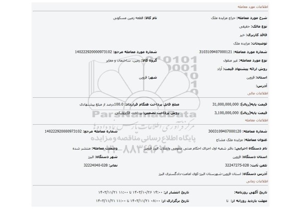 مزایده، مزایده ملک