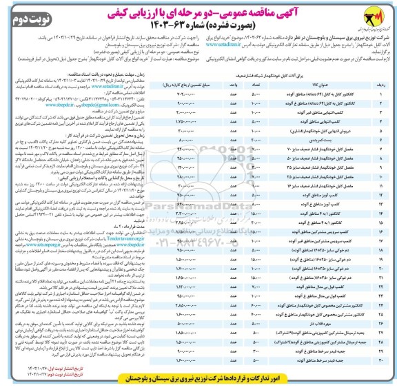 مناقصه خرید انواع یراق آلات کابل خودنگهدار نوبت دوم