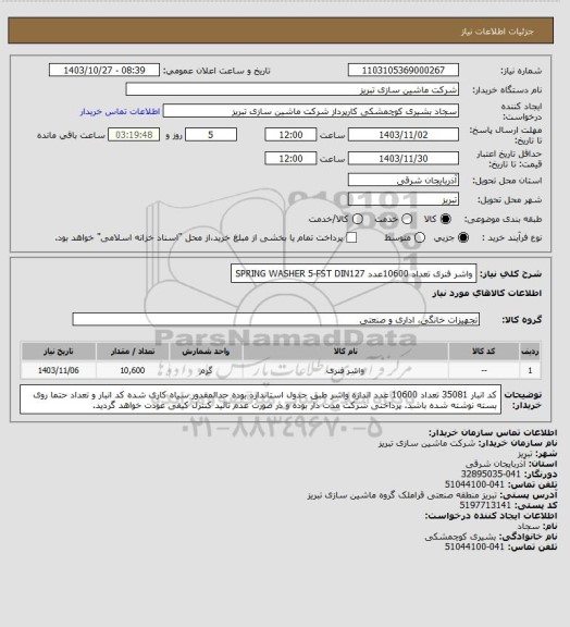 استعلام   واشر فنری   تعداد 10600عدد
SPRING WASHER 5-FST  DIN127