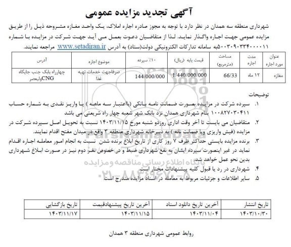 تجدید مزایده اجاره یک واحد مغازه