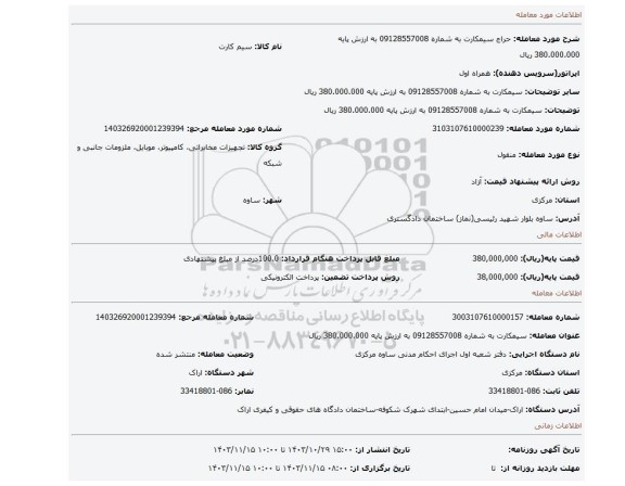 مزایده، سیمکارت به شماره 09128557008 به ارزش پایه 380.000.000 ریال