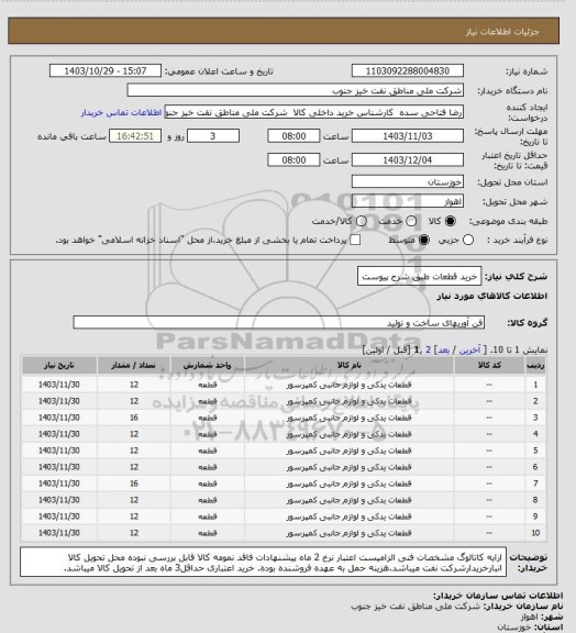 استعلام خرید قطعات طبق شرح پیوست