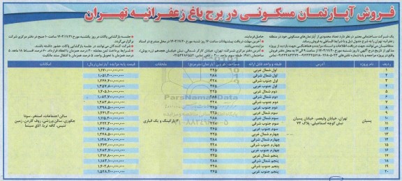 مزایده فروش آپارتمان مسکونی در برج باغ زعفرانیه