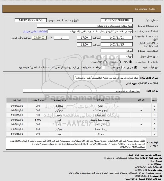 استعلام مواد غذایی/تایید کارشناس تغذیه الزامیست/طبق توضیحات/