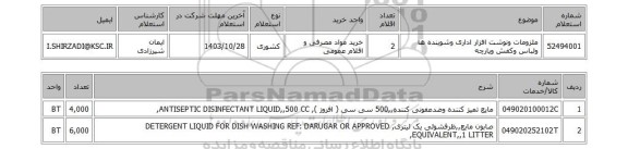 استعلام ملزومات ونوشت افزار اداری وشوینده ها ولباس وکفش وپارچه