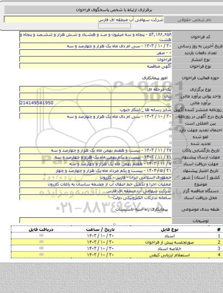 مناقصه, عملیات اجرا و تکمیل خط انتقال آب از چشمه ساسان به باغات کازرون