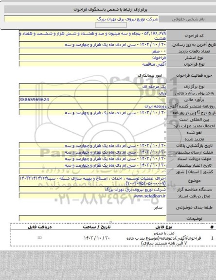 مناقصه, اجرای عملیات توسعه ، احداث ، اصلاح و بهینه سازی شبکه - سینا۱۴۰۳۲۱۴۱۴۲۶۴ (۲۰۰۳۰۹۵۲۰۵۰۰۰۰۰۷)