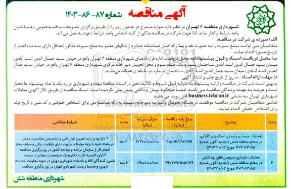 مناقصه عملیات مرمت و بازسازی اسکانهای کارگری در سطح منطقه شش ...