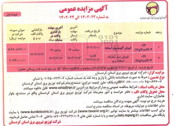 مزایده فروش آلومینیوم اسقاط و مس متفرقه اسقاط و نو