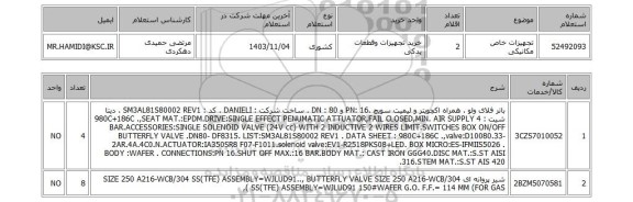 استعلام تجهیزات خاص مکانیکی