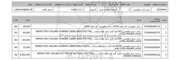 استعلام جرم و آجر دولومیتی